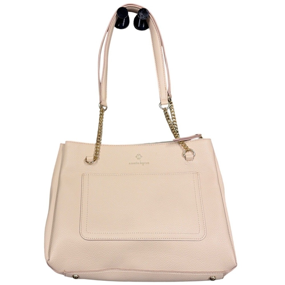 Nanette Lepore Tote Bag Womens Ivory Pebbled Faux Leather Gold Chain Work Chic